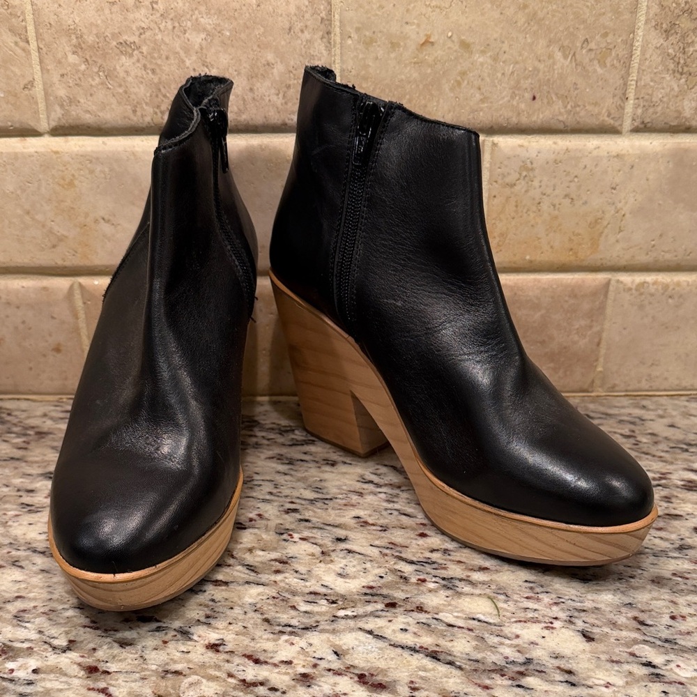 Black Leather Ankle Boots with Wooden Heel
